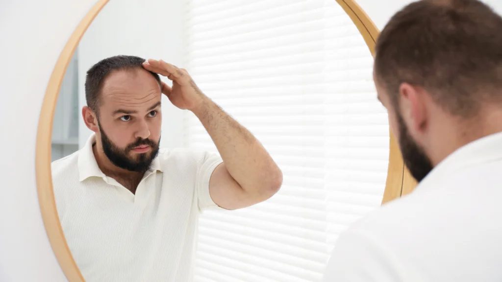 Early Signs of Hair Loss Man examining early hair thinning in mirror showing signs of hair loss